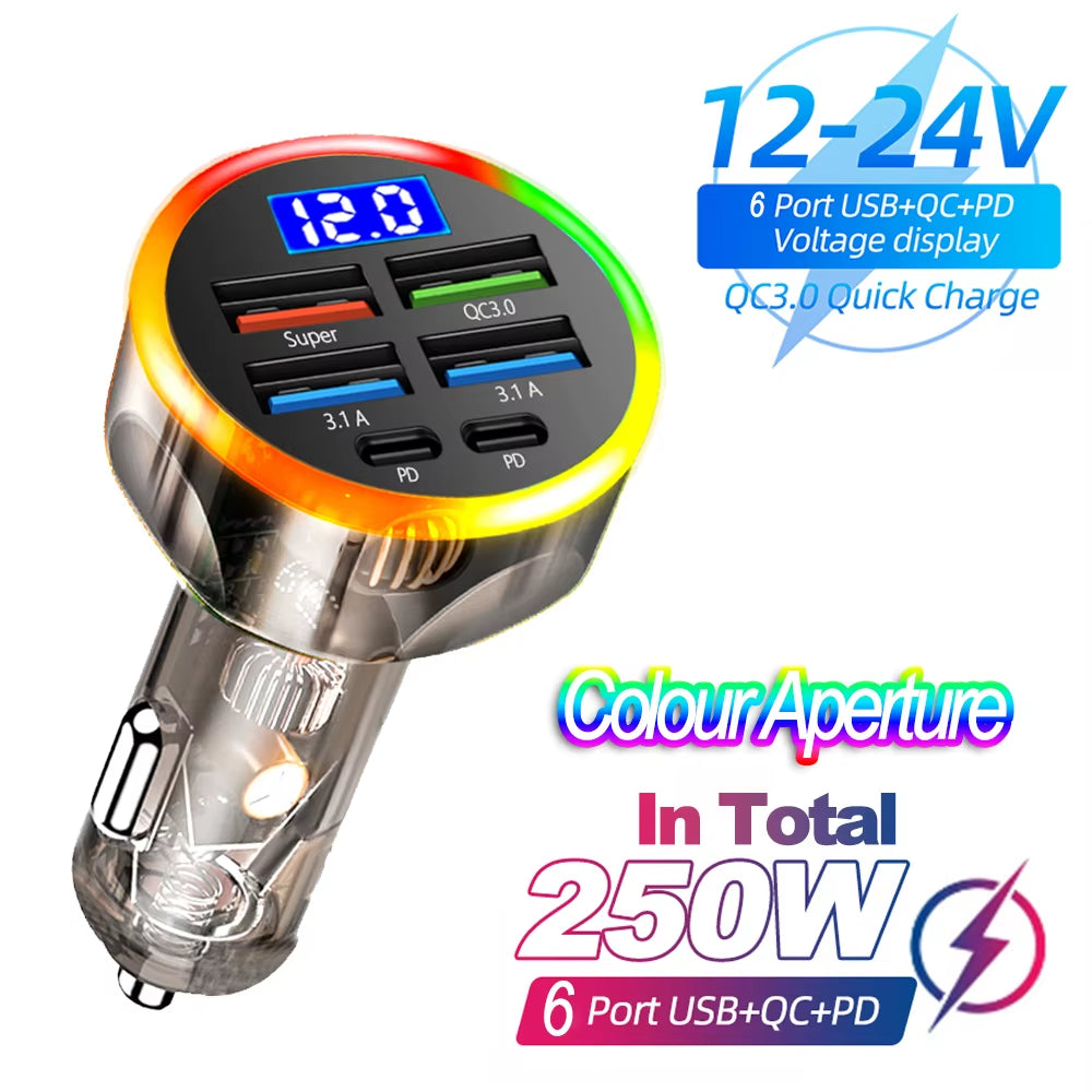 Ultimate 66-250W PD Car Charger with QC3.0 Fast Charging - Multi-Device Cigarette Lighter Plug with Digital Display