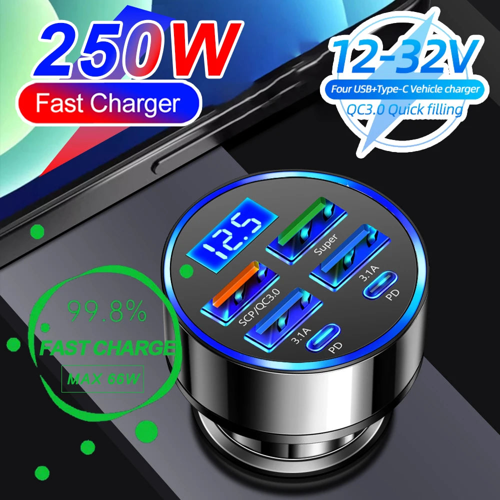 Ultimate 66-250W PD Car Charger with QC3.0 Fast Charging - Multi-Device Cigarette Lighter Plug with Digital Display