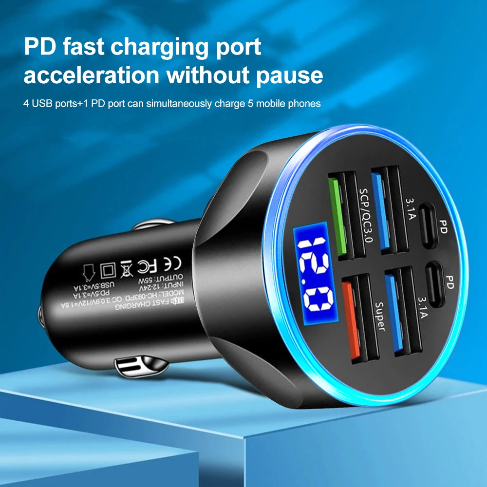 Ultimate 66-250W PD Car Charger with QC3.0 Fast Charging - Multi-Device Cigarette Lighter Plug with Digital Display