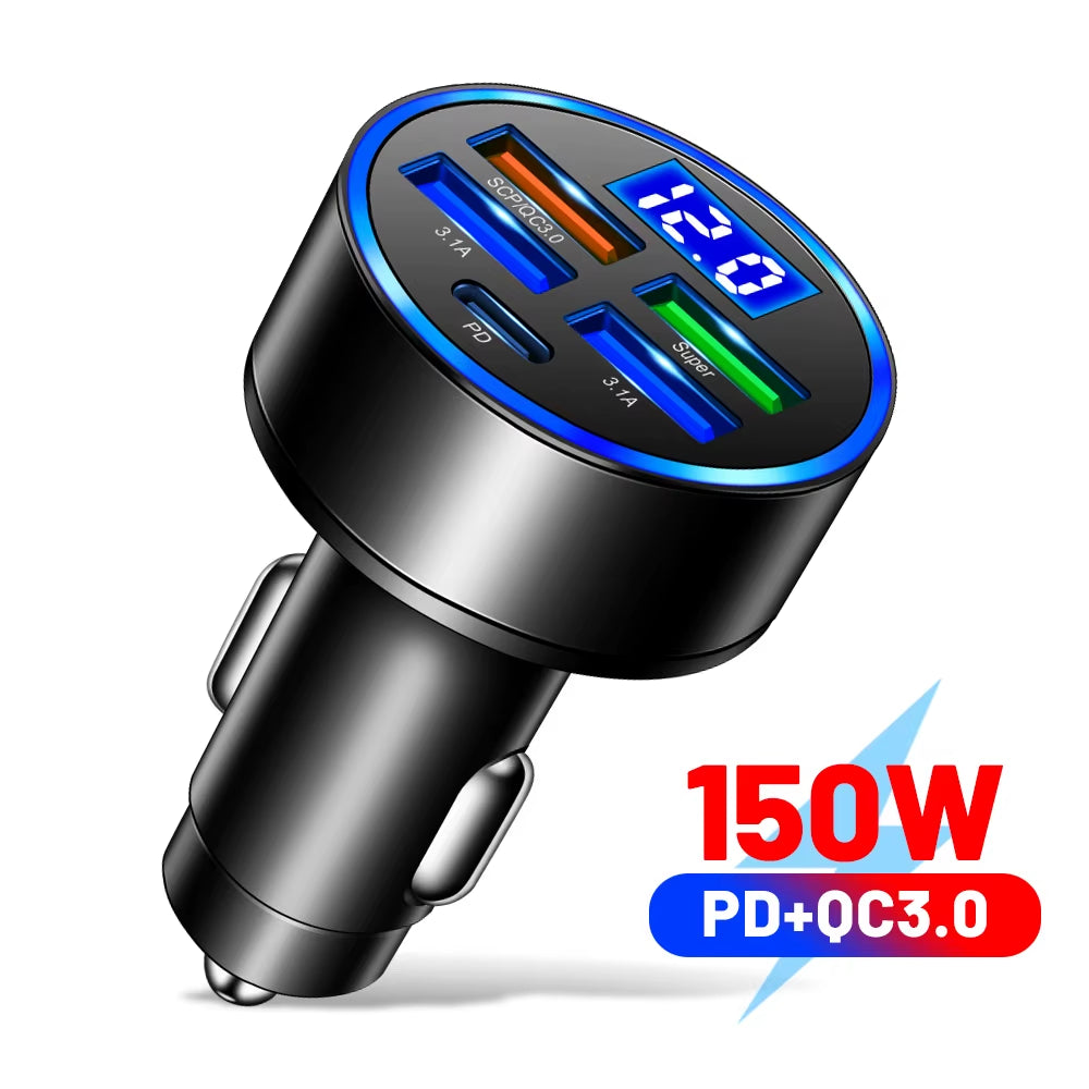 Ultimate 66-250W PD Car Charger with QC3.0 Fast Charging - Multi-Device Cigarette Lighter Plug with Digital Display