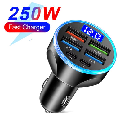 Ultimate 66-250W PD Car Charger with QC3.0 Fast Charging - Multi-Device Cigarette Lighter Plug with Digital Display