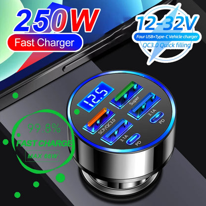 Ultimate 66-250W PD Car Charger with QC3.0 Fast Charging - Multi-Device Cigarette Lighter Plug with Digital Display