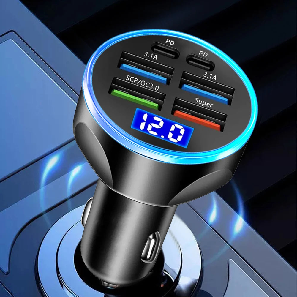 Ultimate 66-250W PD Car Charger with QC3.0 Fast Charging - Multi-Device Cigarette Lighter Plug with Digital Display